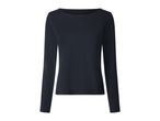 Dark blue long-sleeved top with a boat neck