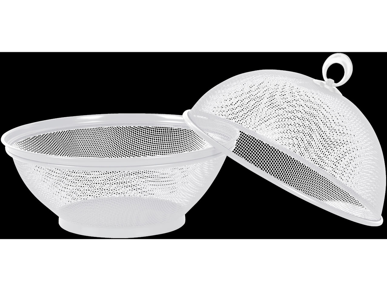 A white mesh food cover and bowl are shown, separated and angled slightly.