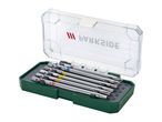 A set of screwdriver bits in a clear plastic case, with various types and colored bands.
