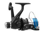 Black fishing reel with blue line, side view.