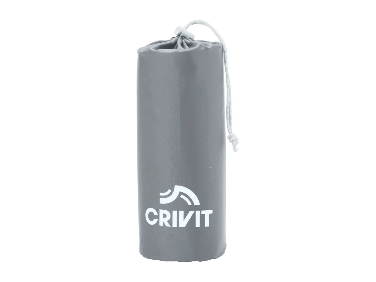 Grey drawstring bag with a white logo, standing upright.