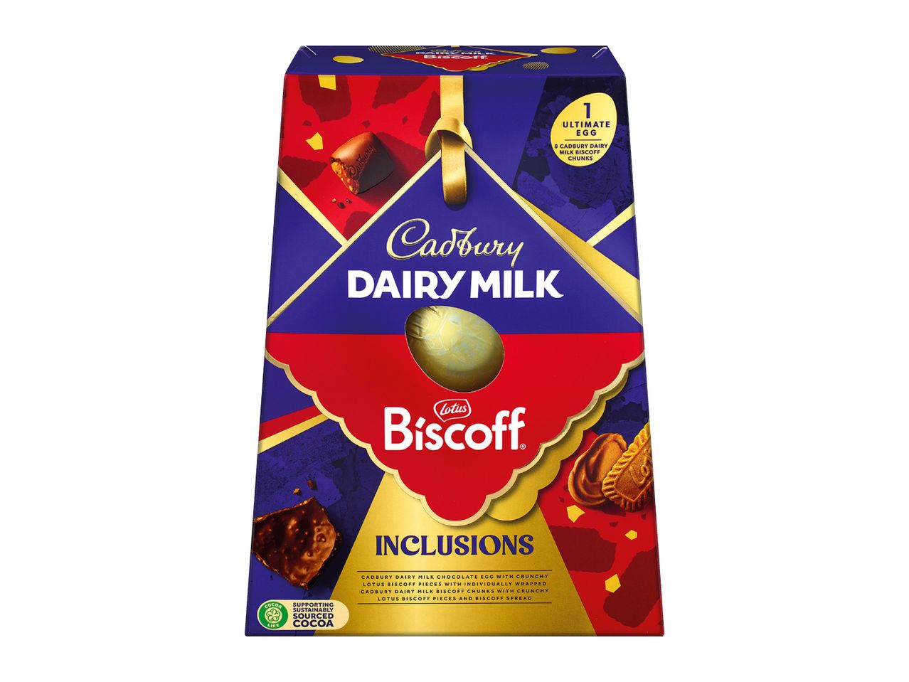 Chocolate egg with crunchy biscuit pieces and chocolate chunks in a festive box.