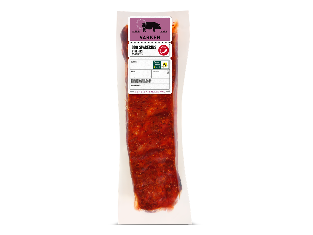 Verpakte BBQ Piri Piri Spareribs met etiket dat 'Varken' en 'Beter Leven' certificering aangeeft.