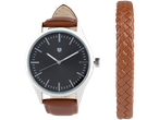 AURIOL® Watch and Jewellery Set with a silver watch and a brown braided bracelet.