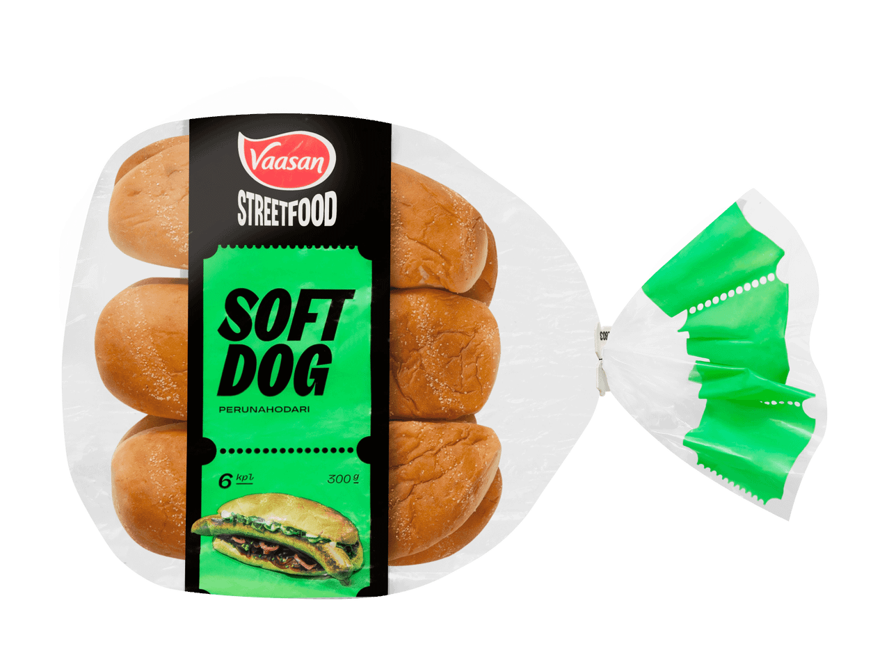 Kuusi pakattua hot dog -sämpylää, joissa on vihreä etiketti ja kuva hot dogista.