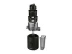 Exploded view of a black juicer with its components separated, including the motor base, clear juice container, and pulp filter.