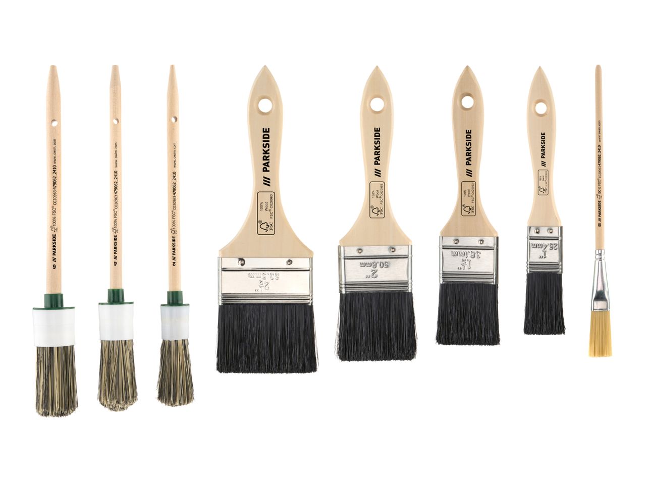 A set of paintbrushes, including flat and round brushes, with wooden handles.