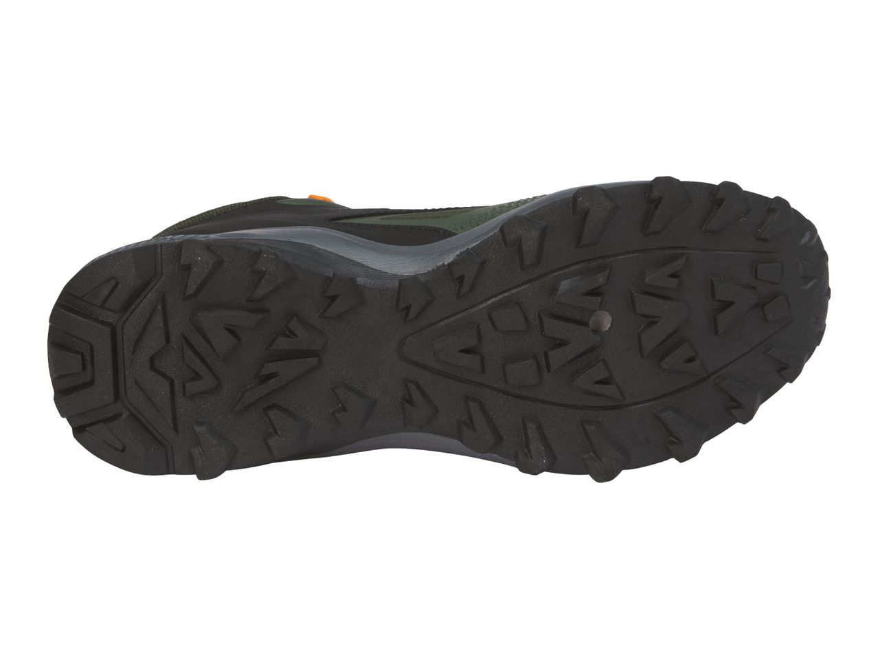 The bottom of a dark green hiking shoe with a rugged black sole.