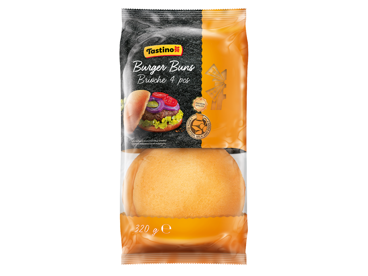 Опаковка от 4 броя бриош бургери, с надпис „Premium Quality“ и „With Butter, Milk and Eggs“.
