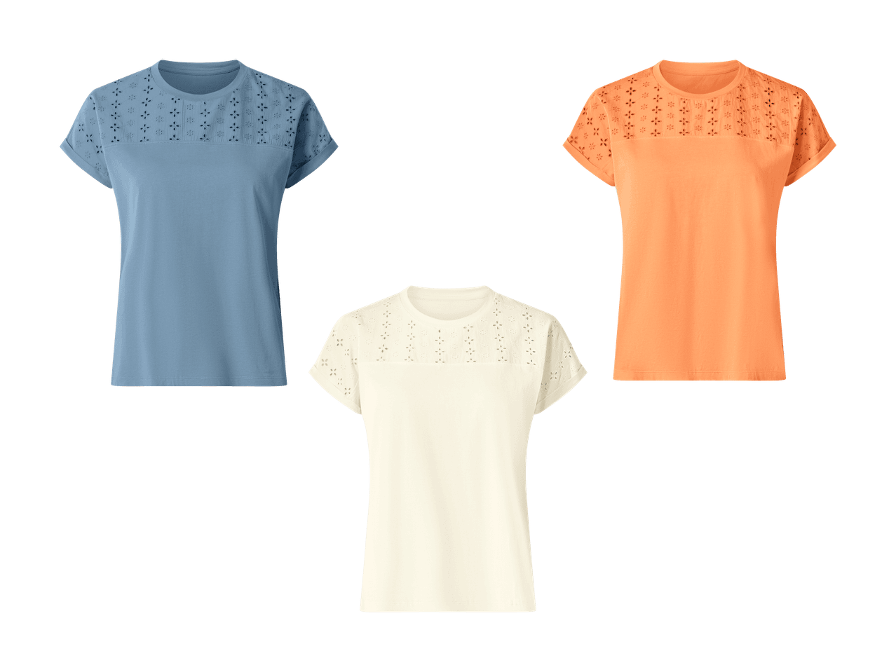 Trois t-shirts femme en coton avec broderie anglaise : bleu, orange et écru.