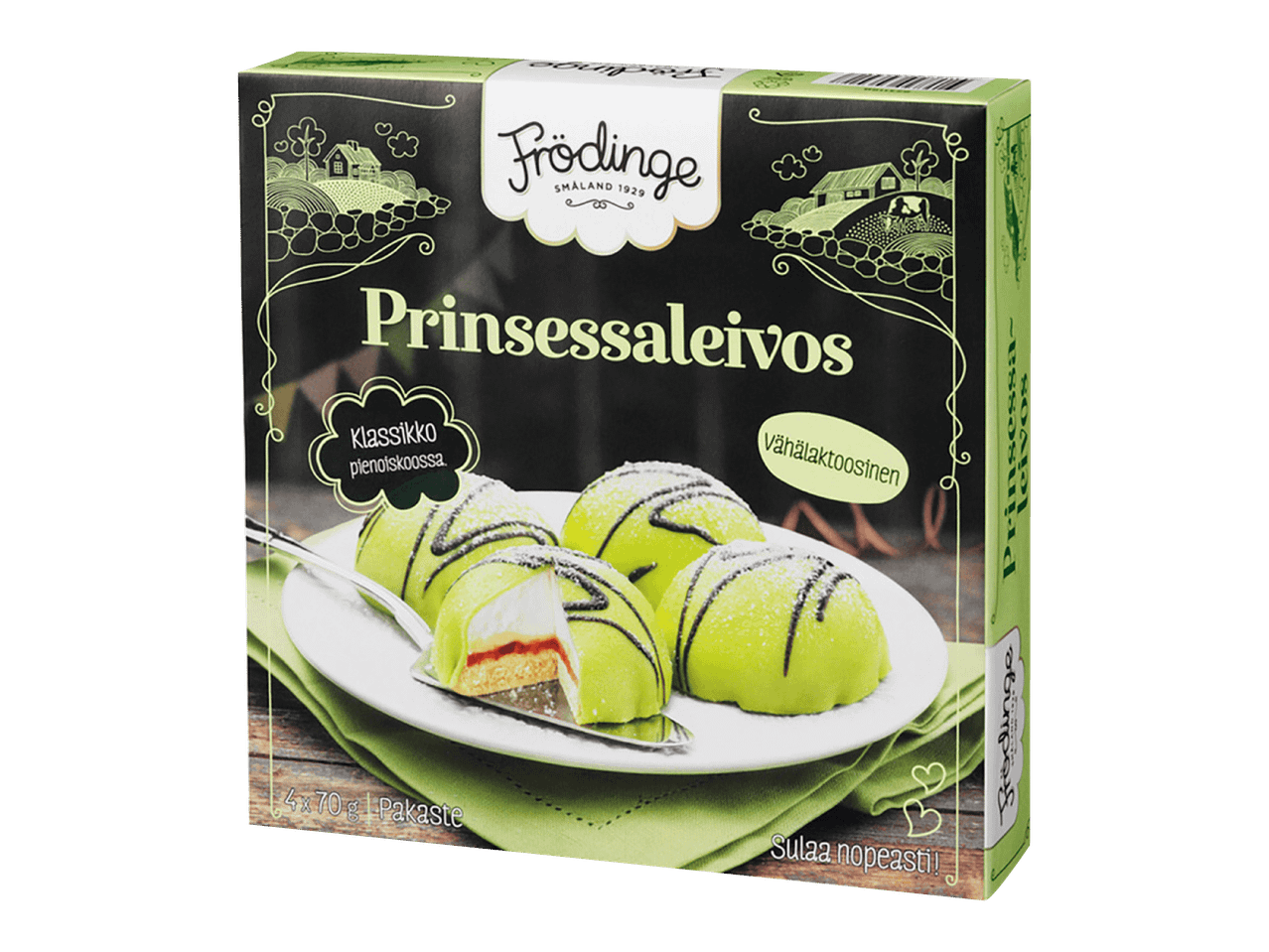 Pakkaus vähälaktoosisia prinsessaleivoksia pakasteena.