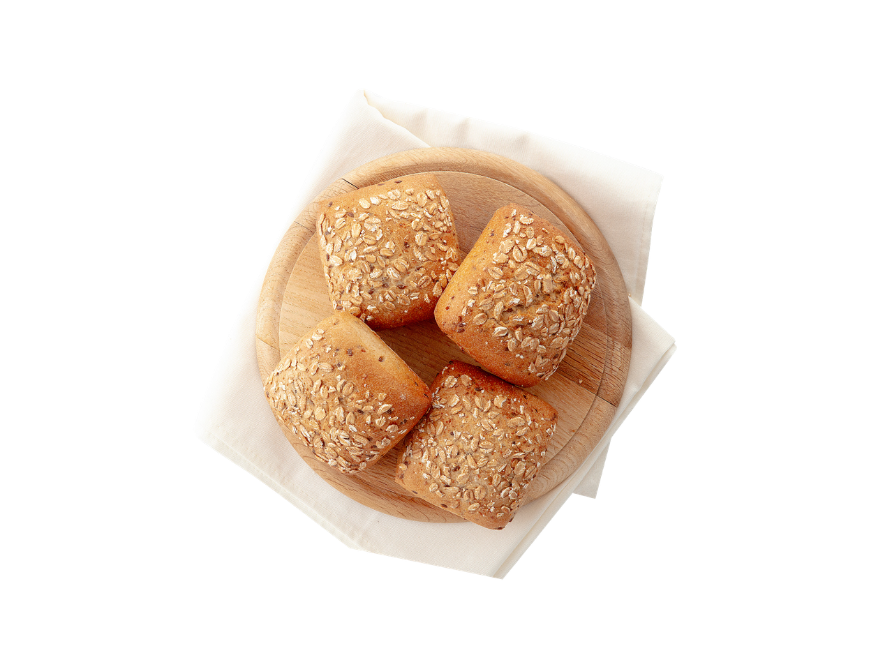 Četiri peciva sa zobenim pahuljicama na drvenoj dasci i bijeloj salveti.