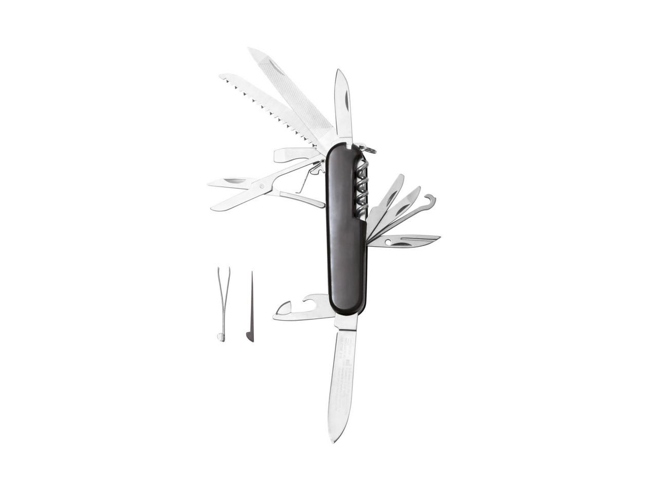 A Crivit multi-tool pocket knife with various blades and tools extended on a white background.