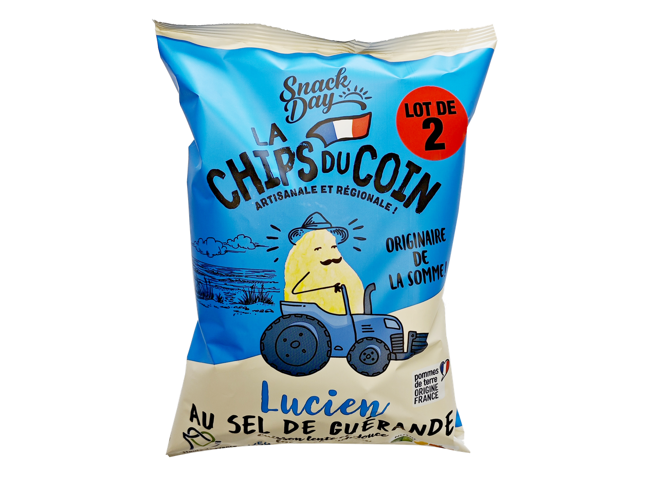 Paquet de chips artisanales au sel de Guérande, saveur Lucien, origine France.