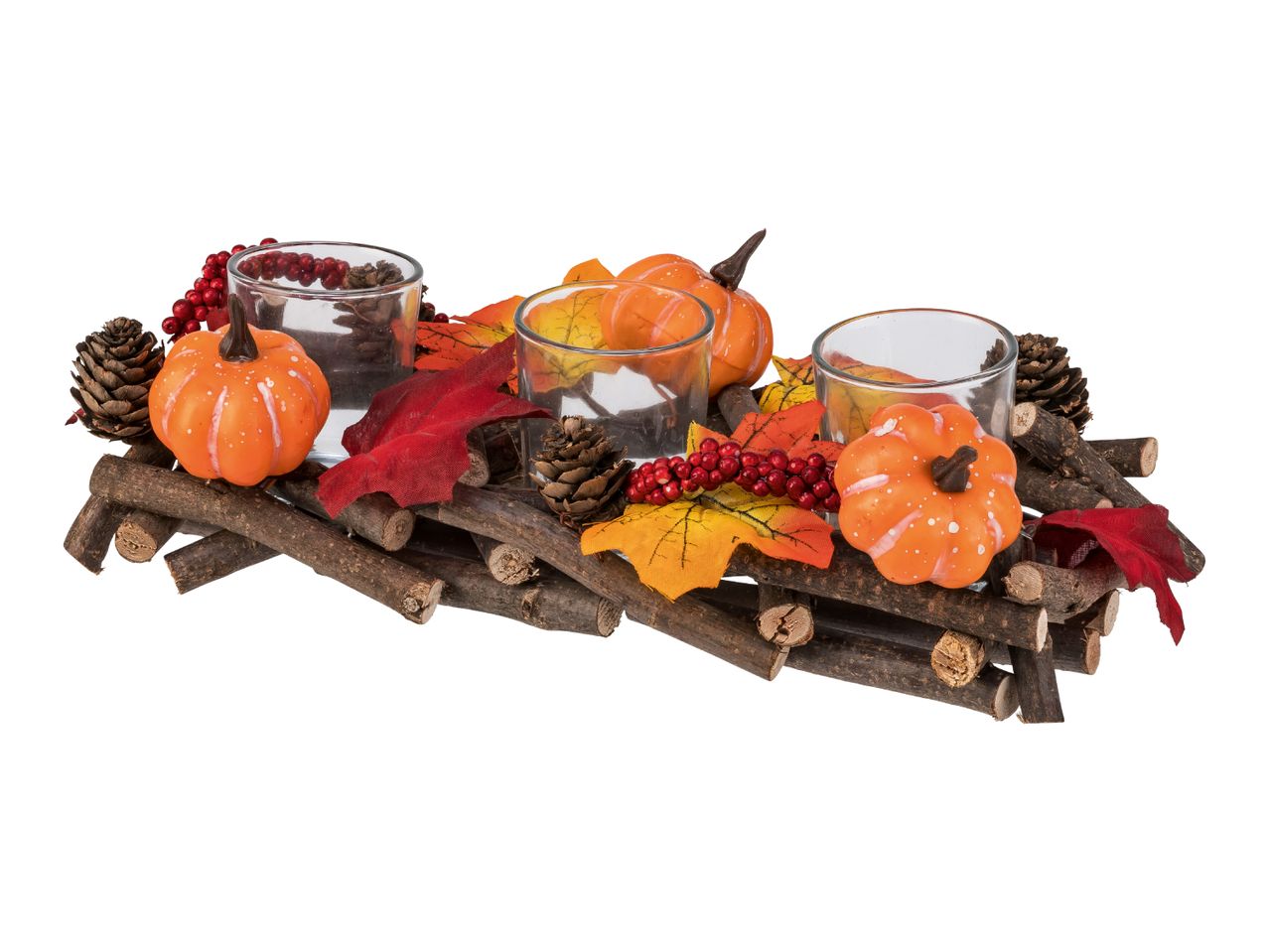 Autumnal centerpiece with pumpkins, pinecones, berries, and leaves on a wooden base.