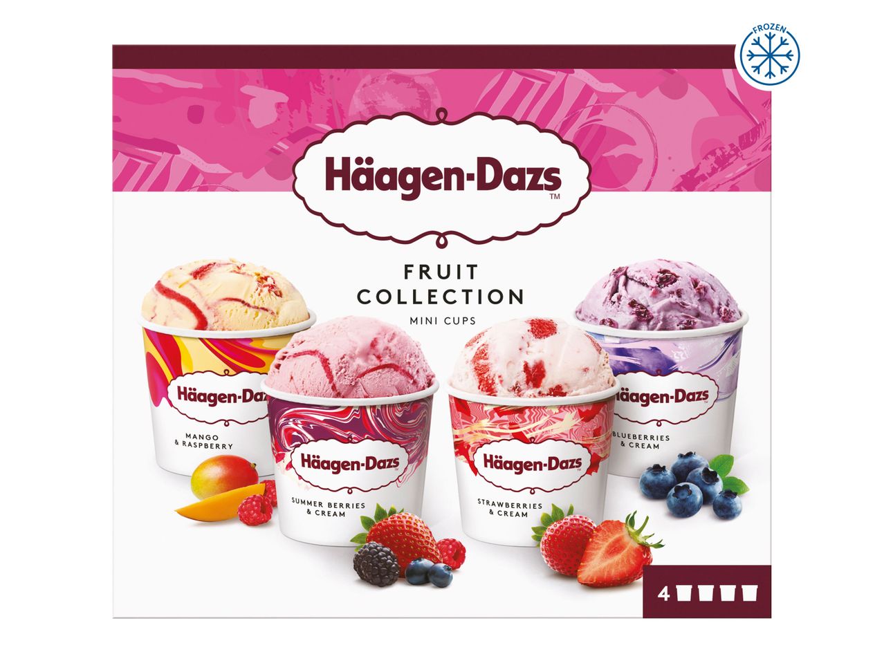 Häagen-Dazs Fruit Collection ice cream cups featuring peach, strawberry, and blueberry flavors.