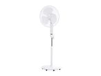 White pedestal fan with a round base and adjustable height, isolated on a white background.
